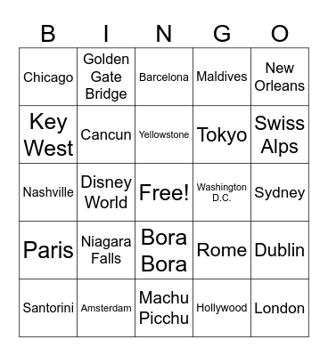 Destinations Bingo Card