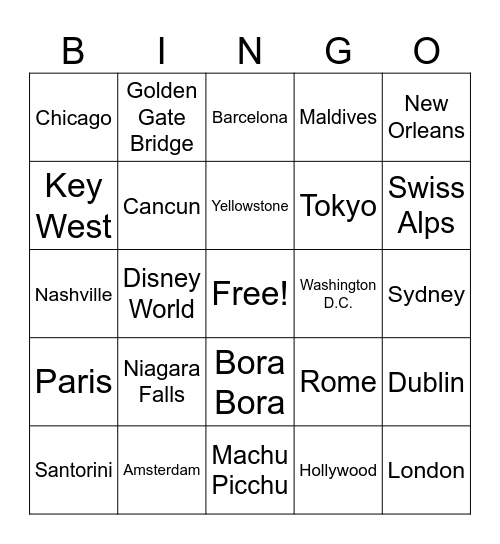 Destinations Bingo Card