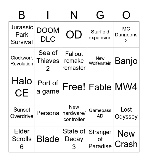 Xbox Showcase Bingo Card