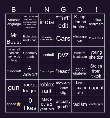 kid corrupter (yt shorts) Bingo Card