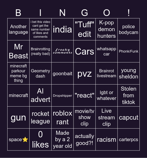 kid corrupter (yt shorts) Bingo Card