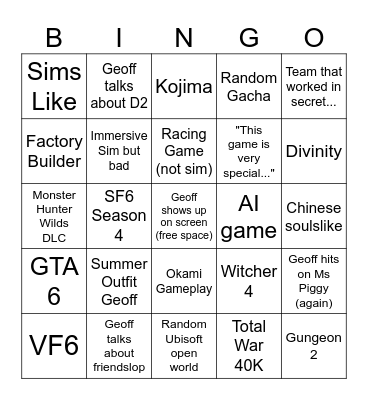 Summer Games Fest 2026 Bingo Card