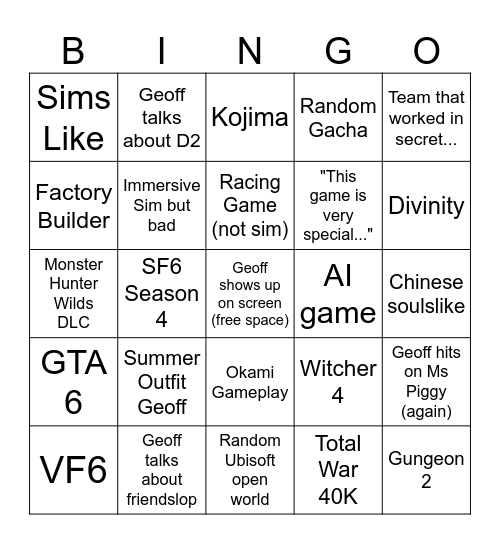 Summer Games Fest 2026 Bingo Card