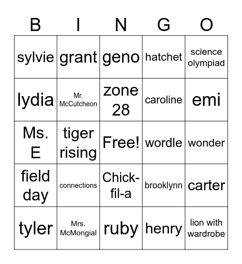 Last Day of School Bingo Card