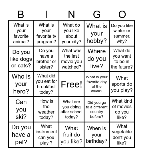 ESL Conversation Bingo Card
