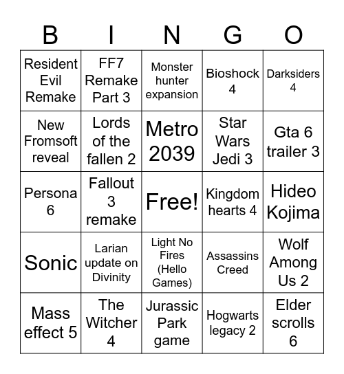 Summer Games Fest Bingo Card