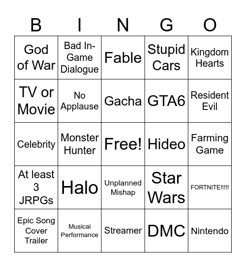 Summer Game Fest Bingo Card