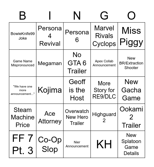 Summer Game Fest Bingo Card