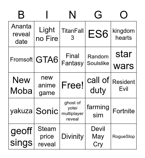 Summer Game Fest 2026 Bingo Card