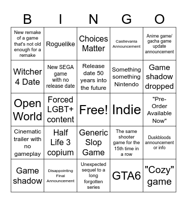 Summer Game Fest 2026 Bingo Card