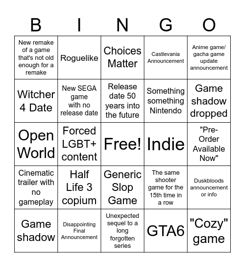 Summer Game Fest 2026 Bingo Card