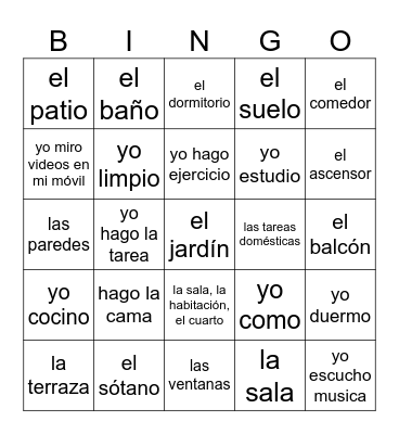 Spanish 1 La Casa Bingo Card