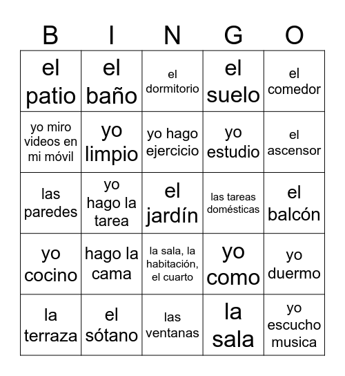 Spanish 1 La Casa Bingo Card