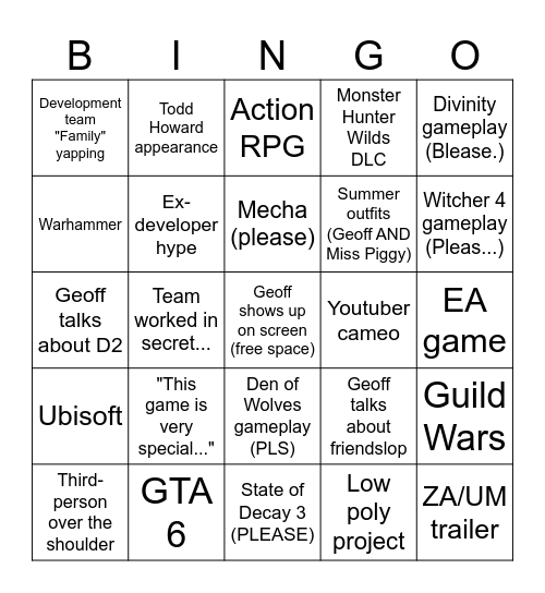 Summer Games Fest 2026 Bingo Card