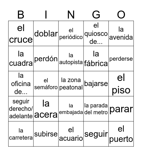 Sp2 Ch3 Vocab 2 (español) Bingo Card