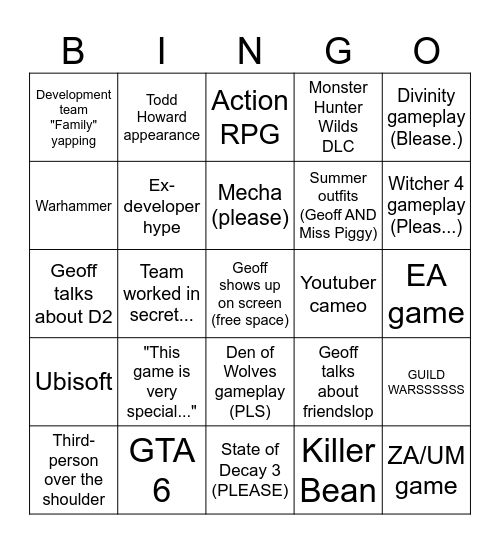 Summer Games Fest 2026 Bingo Card