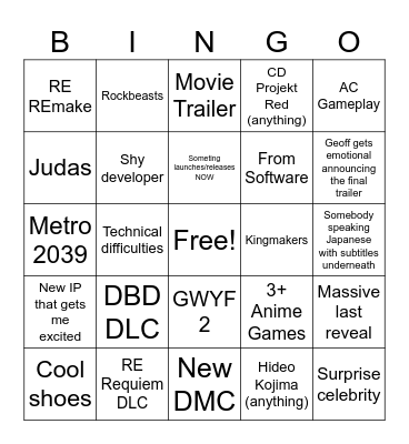 Summer Game Fest 2026 Bingo Card