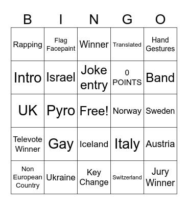 Eurovison Bingo Card