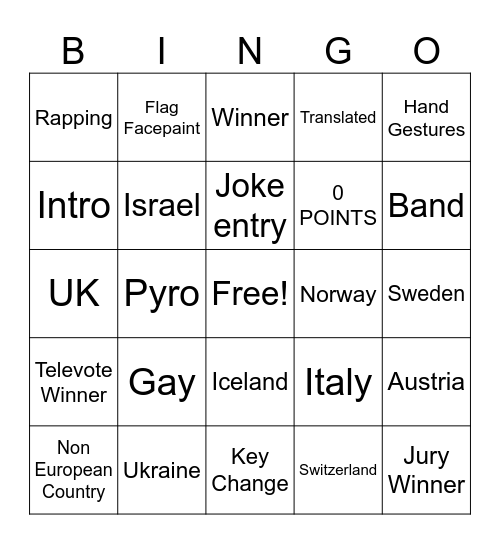 Eurovison Bingo Card
