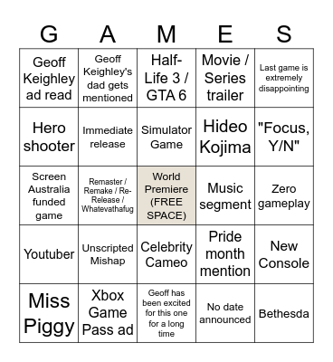 Summer Games Fest Bingo Card