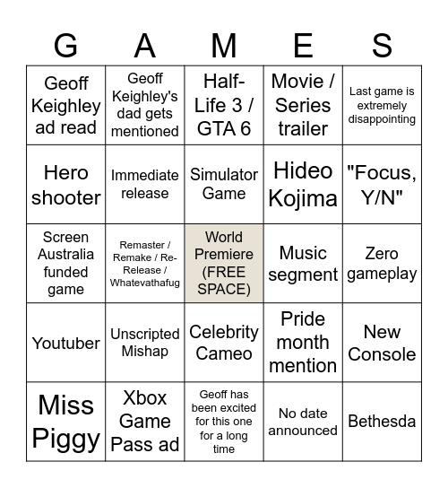 Summer Games Fest Bingo Card