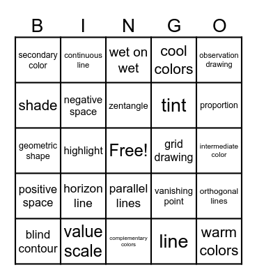 Studio Art Bingo Card