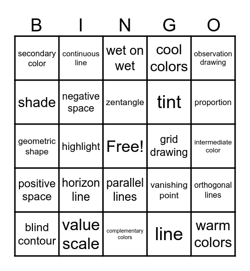 Studio Art Bingo Card