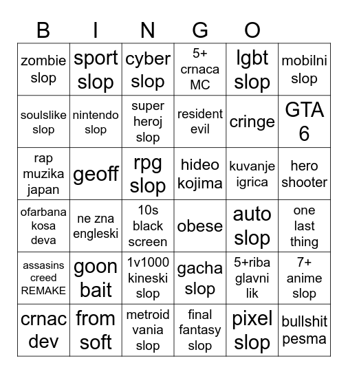 slopfest Bingo Card