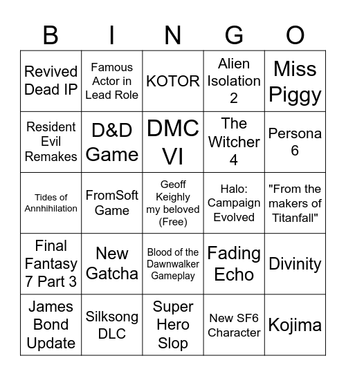 Summer Game Fest Bingo Card
