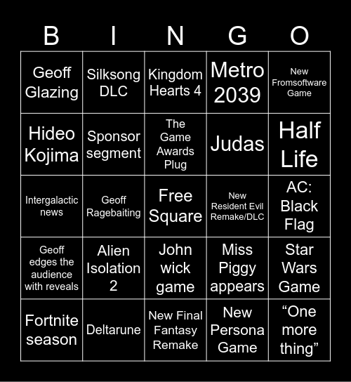 Summer game fest Bingo Card