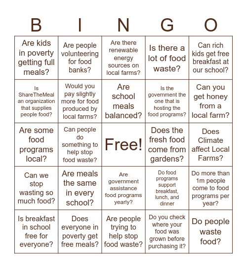 Food Access Bingo Card