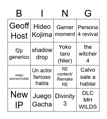 Summer Game fest 2026 Bingo Card