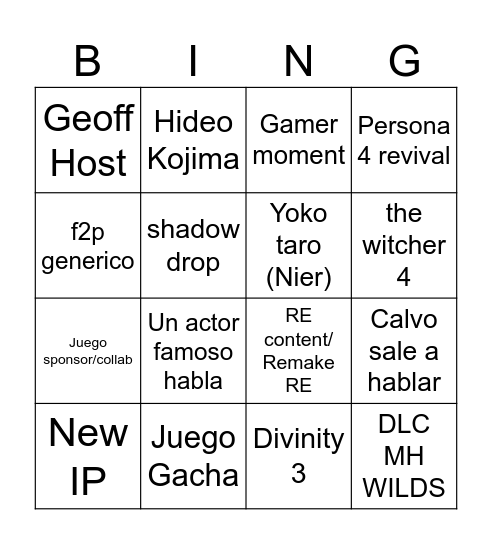Summer Game fest 2026 Bingo Card