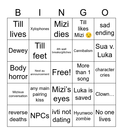 Zombie Stage Bingo Card