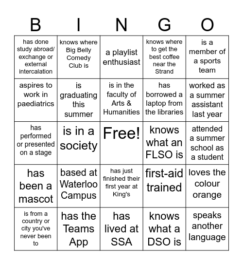 Summer Assistant BINGO Card