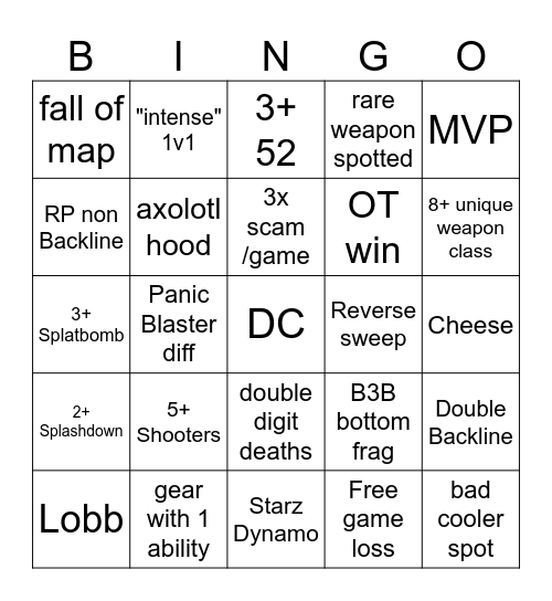 Splatoon 3 Open Bingo Card