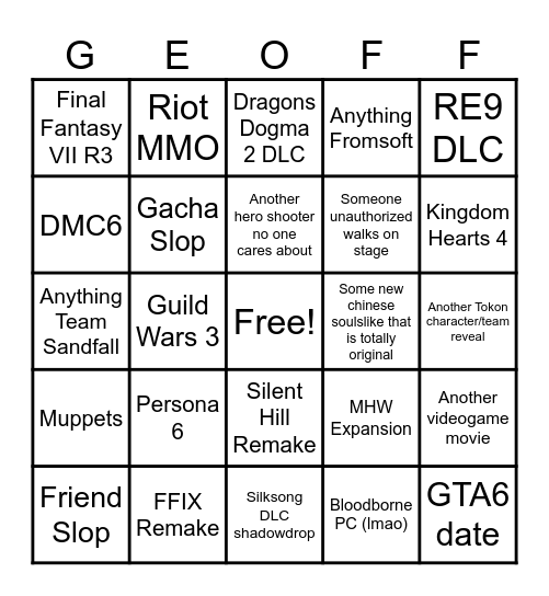 SGF26 Bingo Card