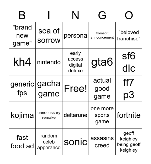 Summer Games Fest 2026 Bingo Card