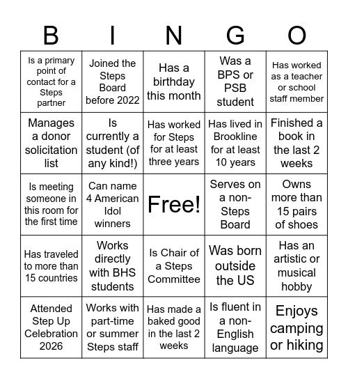 Steps to Success Bingo Card