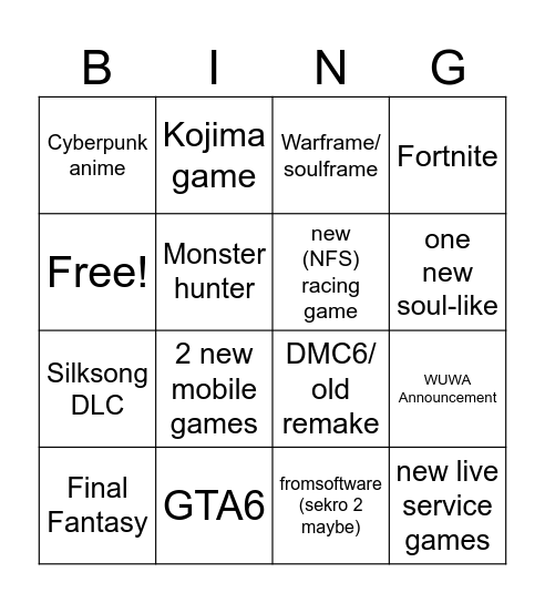 Summer Game Fest Bingo Card