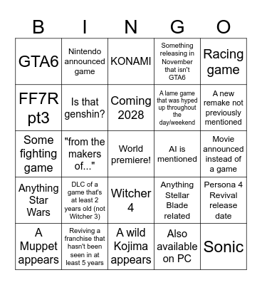 Summer Games Fest 2026 Bingo Card