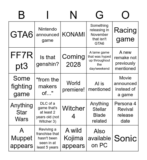Summer Games Fest 2026 Bingo Card