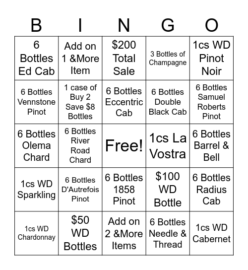 Wine Team Bingo Card