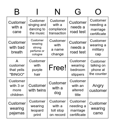 DMV BINGO Card