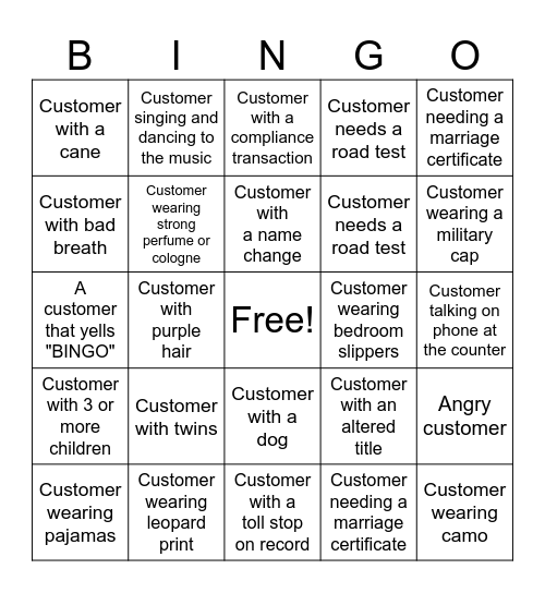 DMV BINGO Card