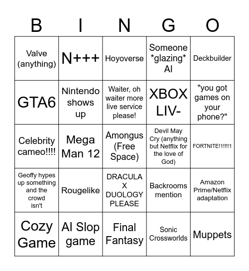 Lav's Summer Games Fest (NOT E3) Thing Bingo Card
