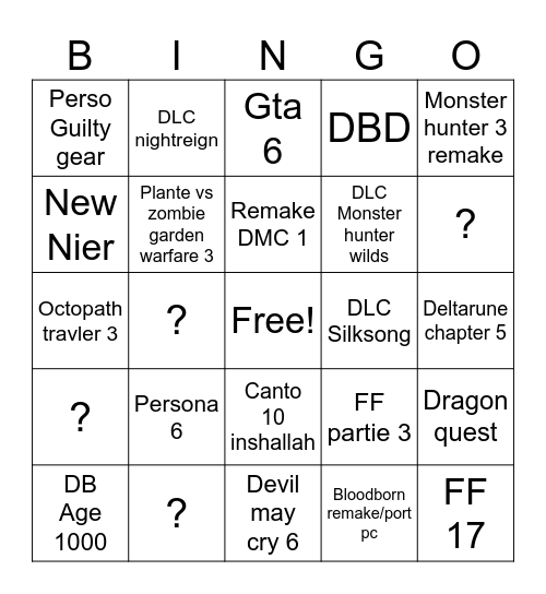 Bingo Jeu Summer gamefest Bingo Card