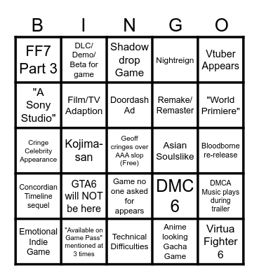 Summer Game Fest 2026 Bingo Card