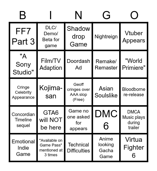 Summer Game Fest 2026 Bingo Card