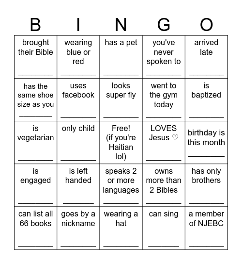 Fellowship BINGO Card